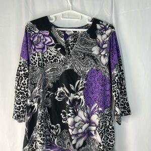 Karen Scott Purple and Black Floral Animal Print Blouse with 3/4 sleeve